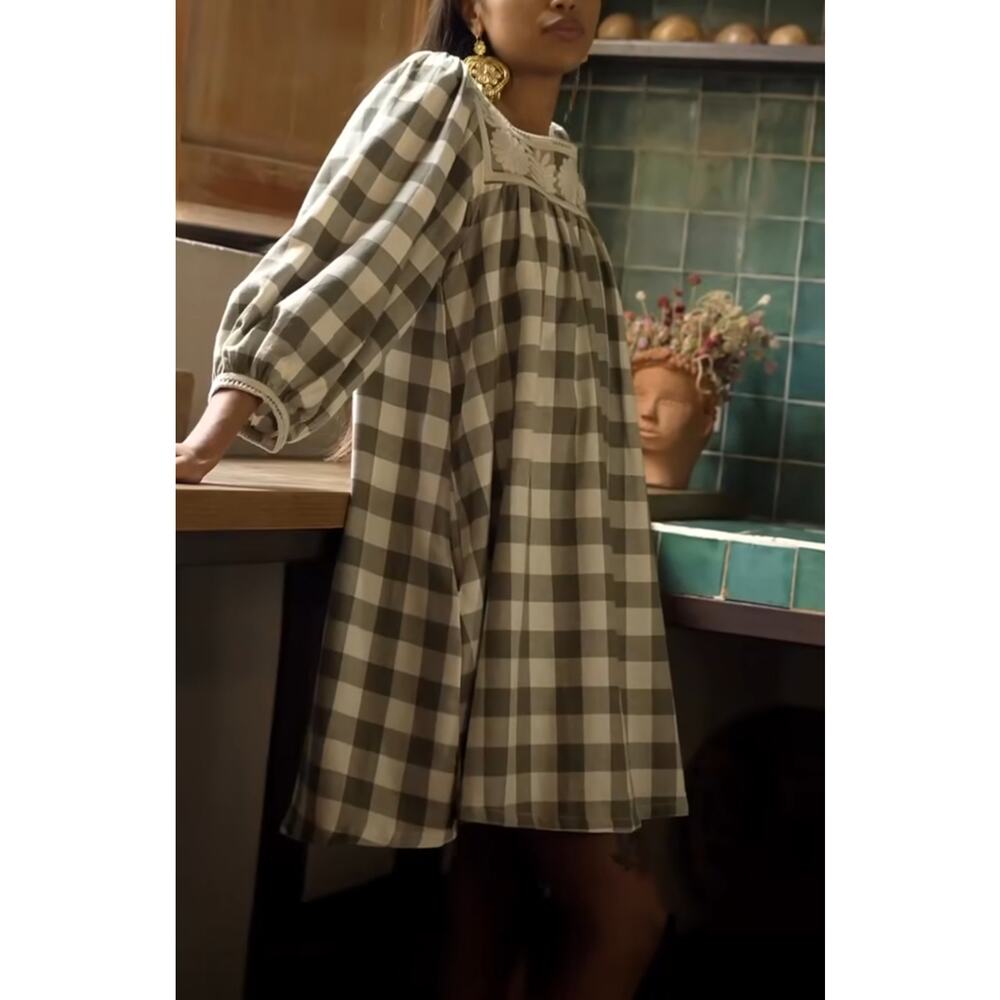 Mi Golondrina Green and White Plaid Long Sleeve Dress